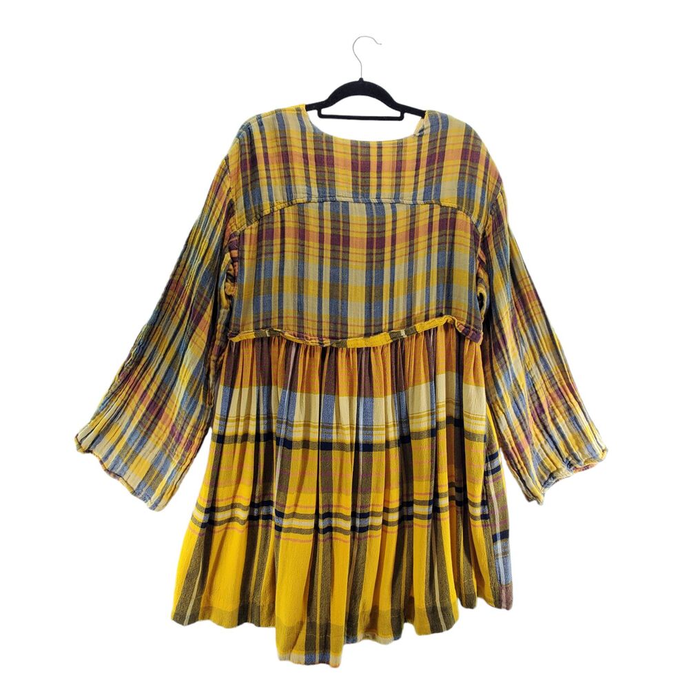 M Urban Outfitters Plaid Tunic Mini Dress Long Sleeve Yellow Black V Neck - Picture 3 of 13